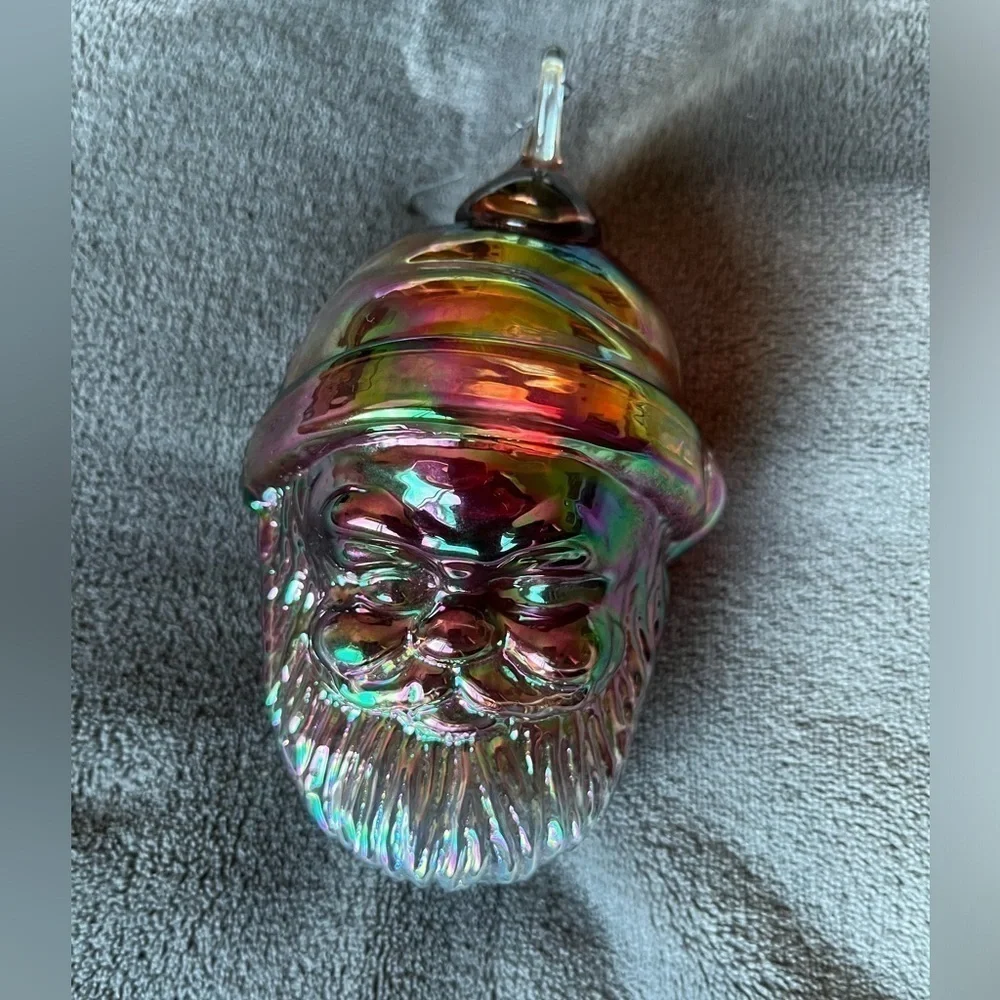 Iridescent Santa Head Thick Glass Ornament EUC